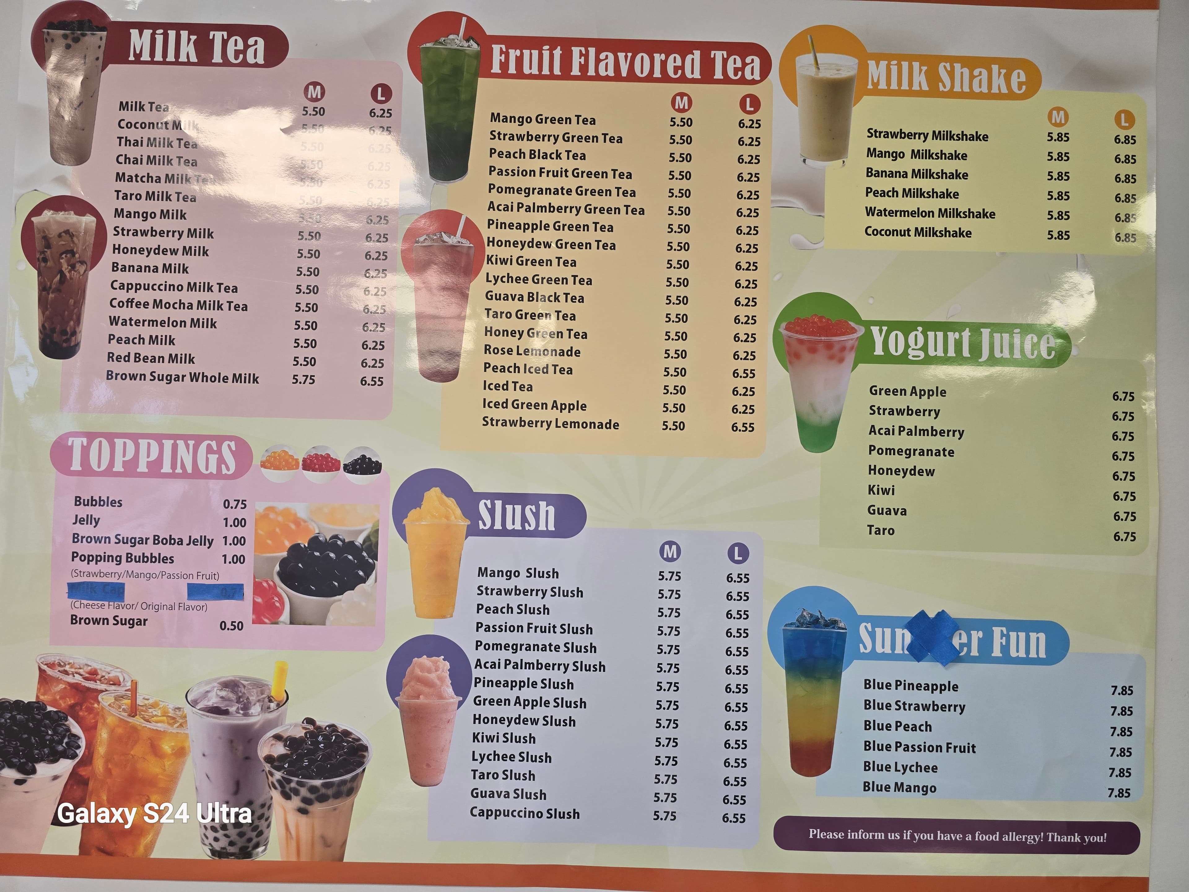 Seoul Bunsik full bubble tea menu — milk tea, fruit tea, slush, milkshake, yogurt juice, summer fun